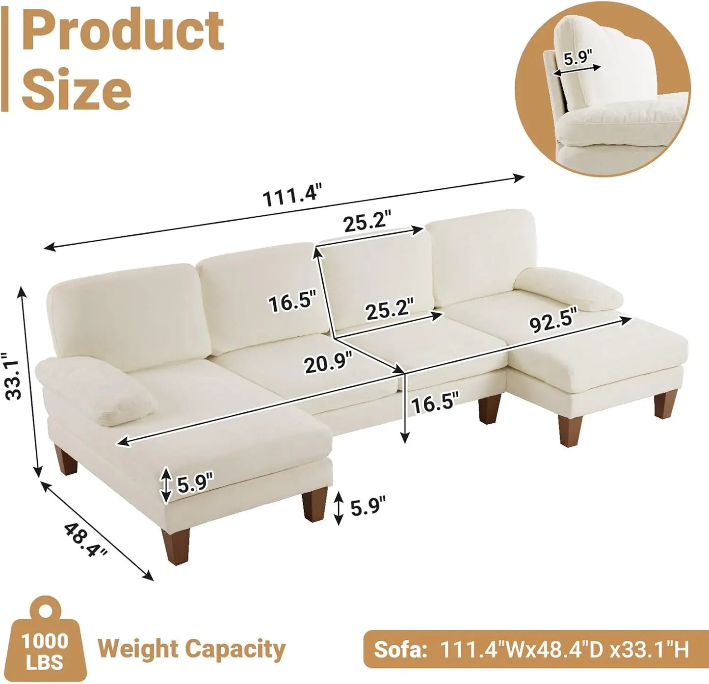 110" Sectional Couches for Living Room U Shaped Couch with Double Chaise 4-Seat Sofa Set with Chenille Fab