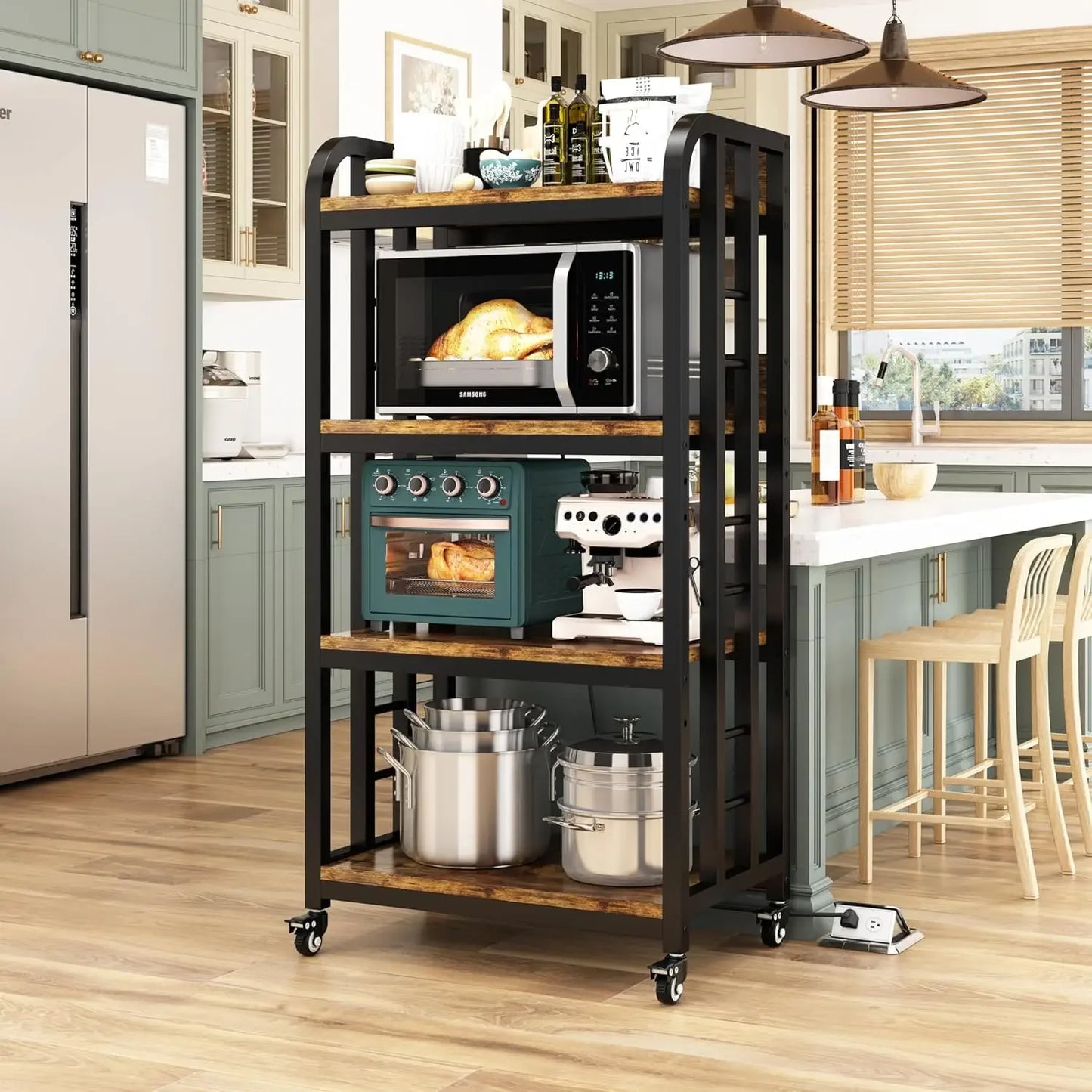 4-Tier Kitchen Bakers Rack with Power Outlet and Rolling Wheels, Microwave Stand with Storage, Adjustable Kitchen Shelves