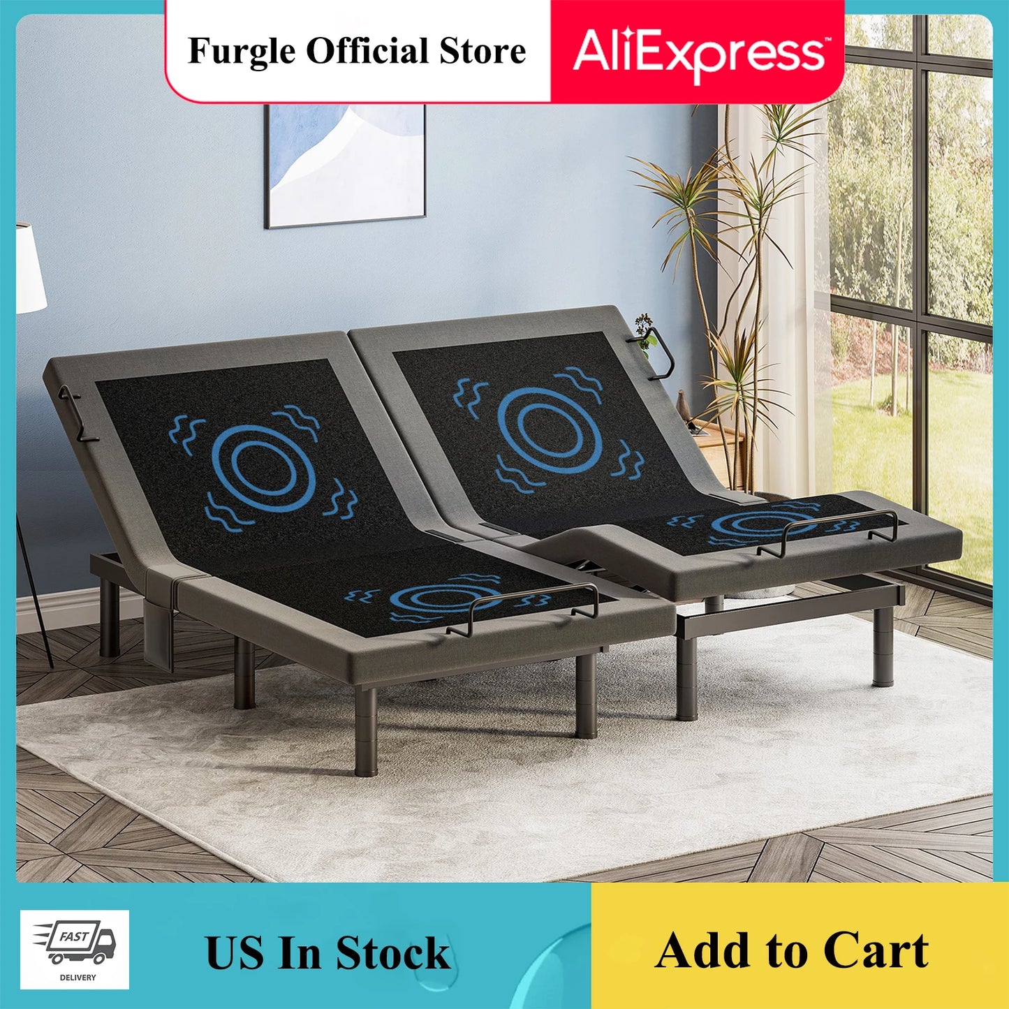 Furgle Twin Split King Size Adjustable Bed Base Frame with Massage Silent Double Motor with Wireless Remote