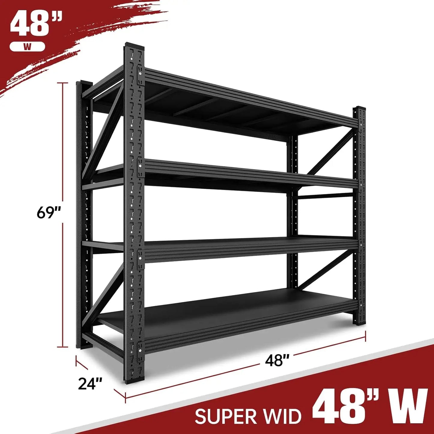 3000LBS Storage Shelves,48" W Garage Shelving Heavy Duty Metal Adjustable Garage Shelves, 48" W x 24" D x 69" H, Black