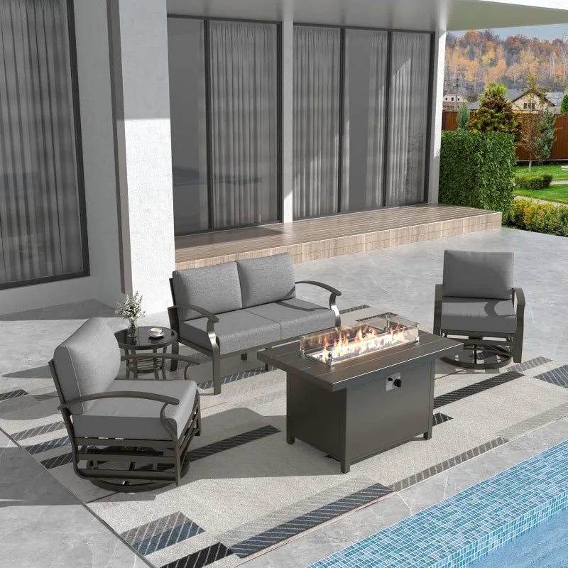 Aluminum Patio Furniture Set 4-Seat Modern Metal Outdoor Conversation Sets w/45in Propane Fire Pit