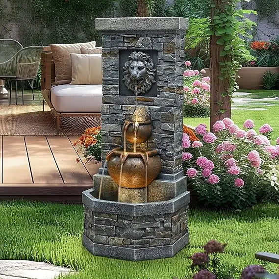 Outdoor Garden Floor Standing Water Fountain with Lion Head and Lights