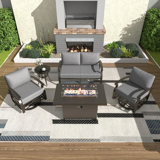 Aluminum Patio Furniture Set 4-Seat Modern Metal Outdoor Conversation Sets w/45in Propane Fire Pit