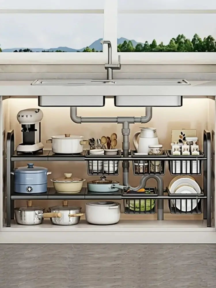 HOMEFISH 1pc 2-Tier Under Sink Organizers,Kitchen Pot Rack, Bathroom, Washbasin