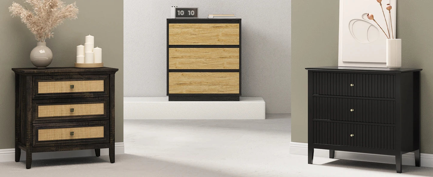 RoyaCraft Wide Nightstand Set of 3, Black Nightstand for Bedroom, Large End Table with 3 Drawers, Bedside Table for Home and Off