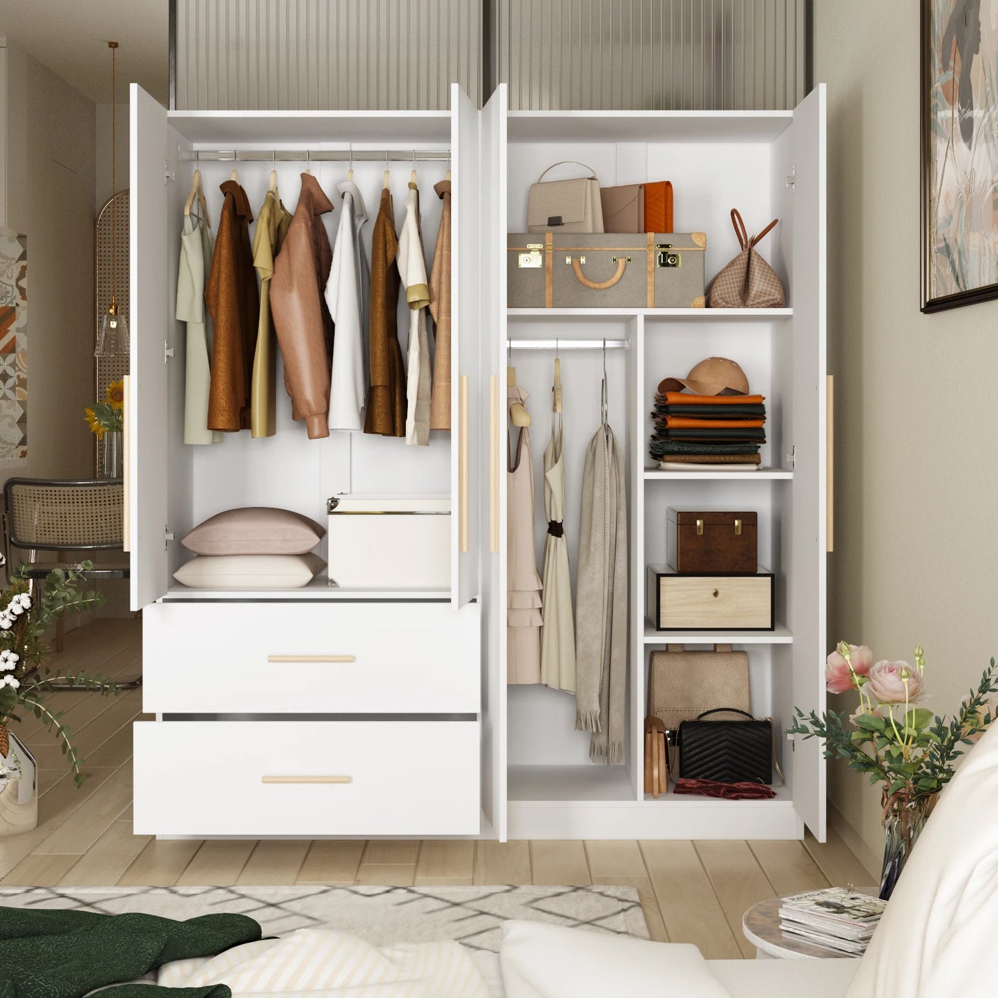 FUFU&GAGA Modern Wardrobe Armoire Closet with 2 Drawers, 6 Storage Cubes & 2 Hanging Rods