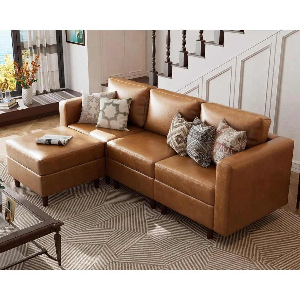 Faux Leather Modular Sectional Sofa, 91.5" L Shaped Couch Set for Living Room, 3-Seater Comfy Cloud