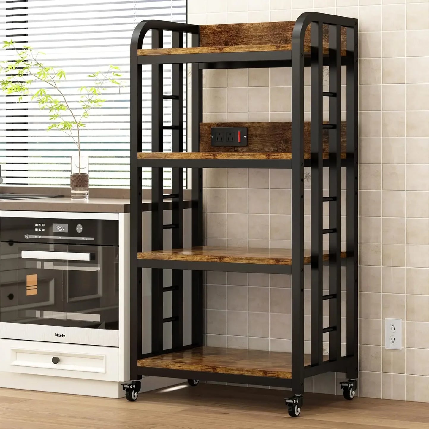 4-Tier Kitchen Bakers Rack with Power Outlet and Rolling Wheels, Microwave Stand with Storage, Adjustable Kitchen Shelves