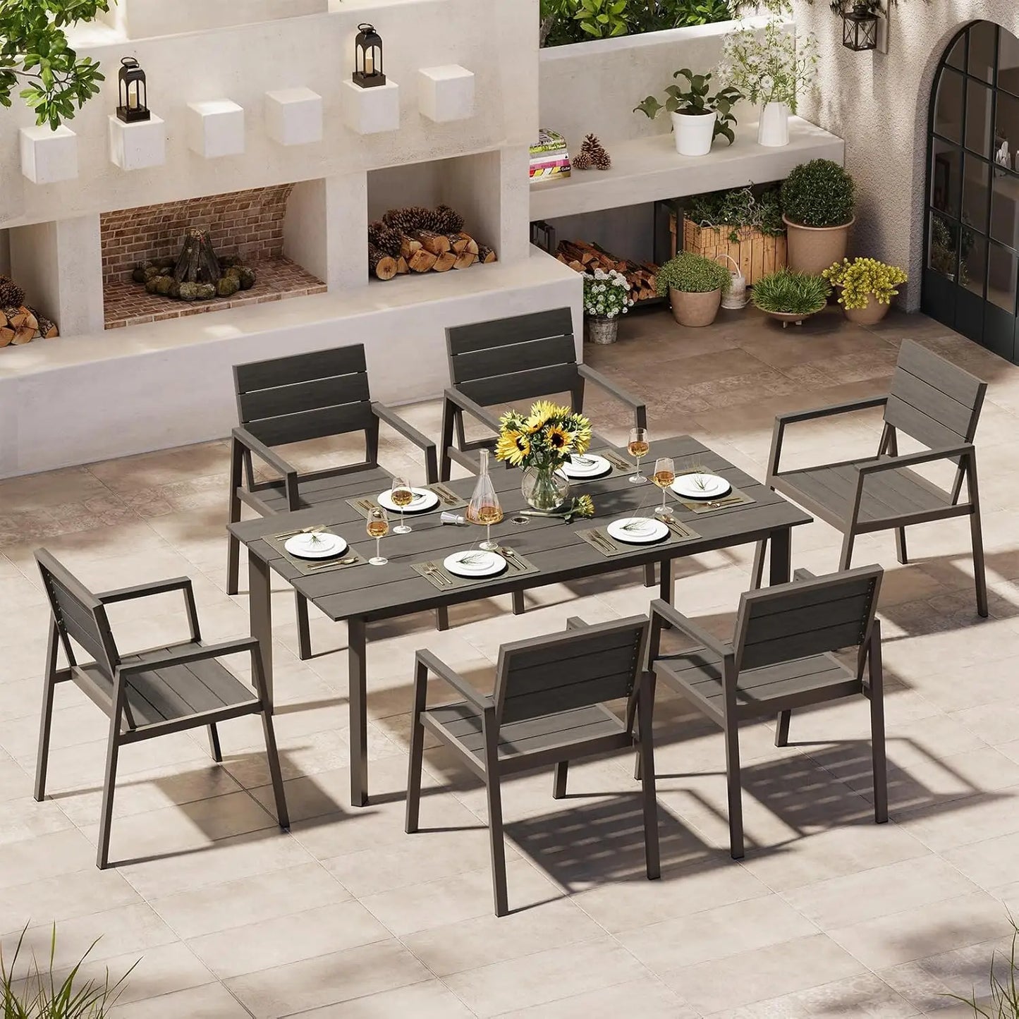 Outdoor Dining Set for 6, Patio Table and Chairs Set with Umbrella Hole, 7 Pieces HDPS Outdoor Furniture