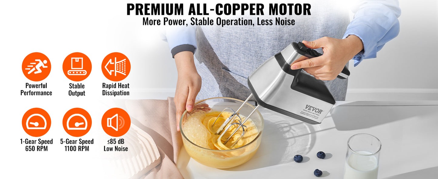 VEVOR Cordless Electric Hand Mixer 5 Gear 1100 RPM