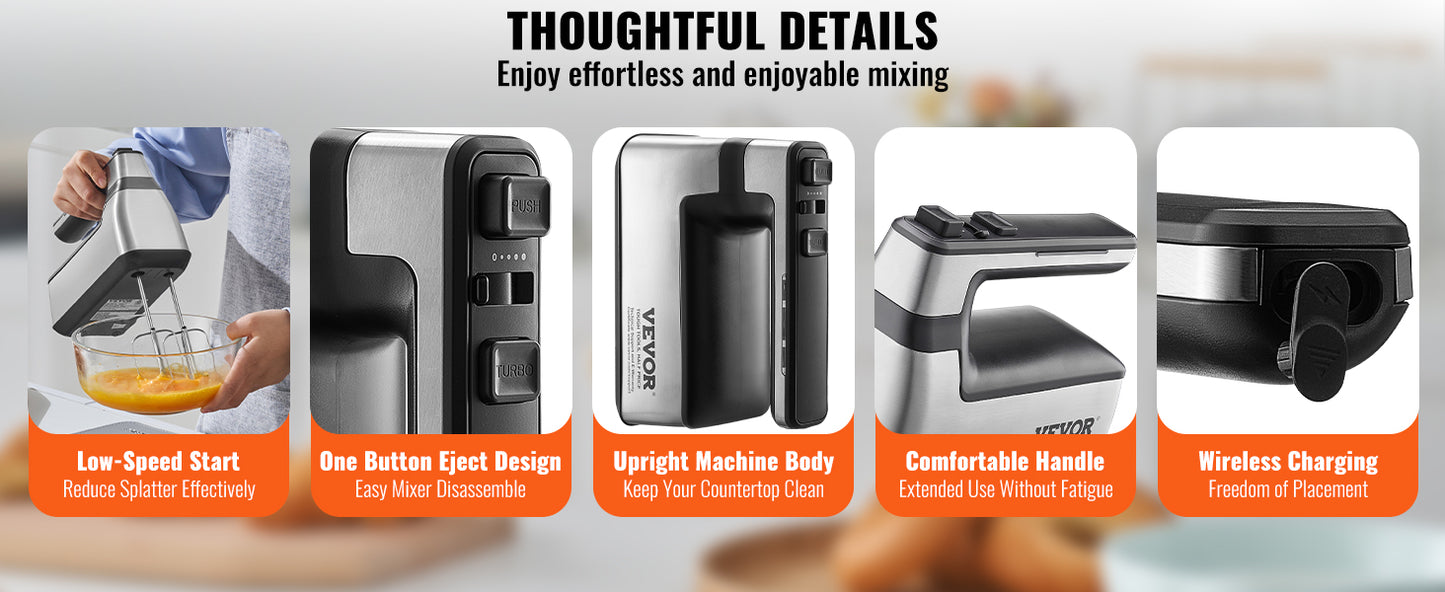 VEVOR Cordless Electric Hand Mixer 5 Gear 1100 RPM